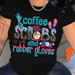letter printed round neck t shirt casual short sleeved - Color : Black - Size : S